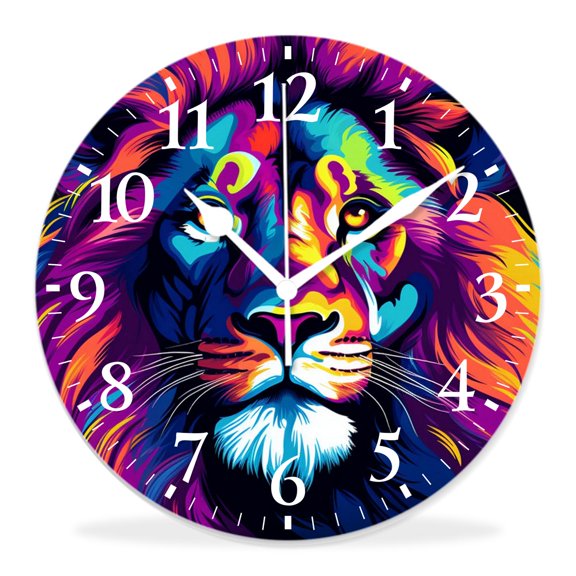 12 Inch Wall Clock Battery Operated Silent Clock Decorative for Office, Kitchen, Outdoor, Living Room，Lion Animal Neon Color Portrait Watercolor Exquisite