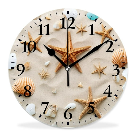 12 Inch Wall Clock Battery Operated Silent Clock Decorative for Office, Kitchen, Outdoor, Living RoomMarine Sea Life Nautical Theme Seashell Starfish on Turquoise Blue Wooden Pattern