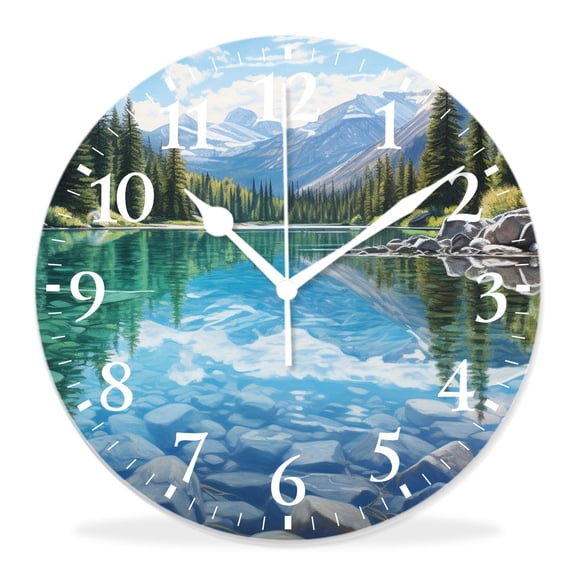 12 Inch Wall Clock Battery Operated Silent Clock Decorative for Office, Kitchen, Outdoor, Living RoomNature Scene Red Peaks Over Calm High Mountain Lake Multicolor
