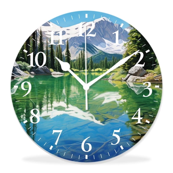 12 Inch Wall Clock Battery Operated Silent Clock Decorative for Office, Kitchen, Outdoor, Living RoomNature Scene Red Peaks Over Calm High Mountain Lake Pattern