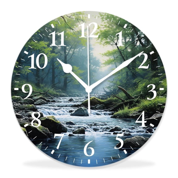 12 Inch Wall Clock Battery Operated Silent Clock Decorative for Office, Kitchen, Outdoor, Living Room，Nature Stream Flowing in forest Rocks Tree Multicolor