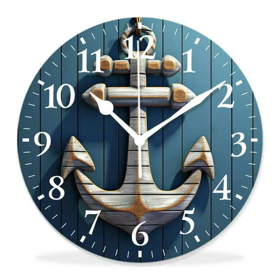12 Inch Wall Clock Battery Operated Silent Clock Decorative for Office, Kitchen, Outdoor, Living RoomNautical with Rope on Turquoise Blue Grunge Wooden Design