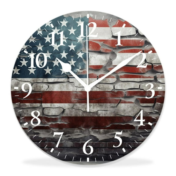 12 Inch Wall Clock Battery Operated Silent Clock Decorative for Office, Kitchen, Outdoor, Living RoomOld American Flag on Grunge Retro Vintage Brick Print Drawing