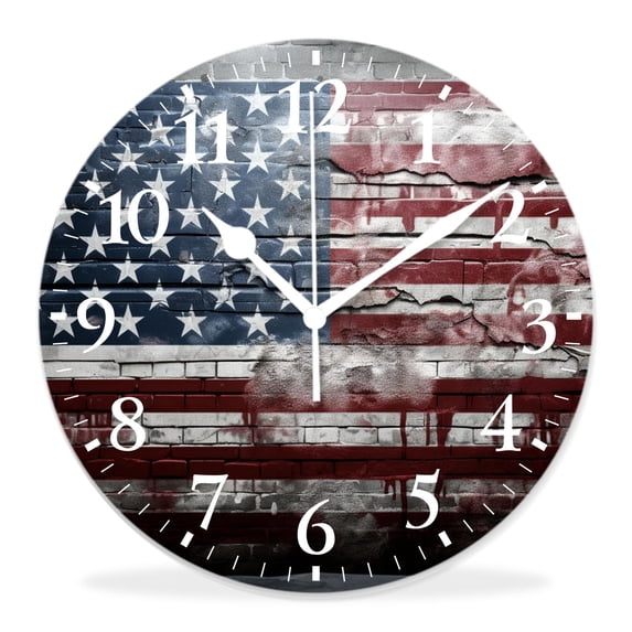 12 Inch Wall Clock Battery Operated Silent Clock Decorative for Office, Kitchen, Outdoor, Living Room,Old American Flag on Grunge Retro Vintage Brick Print Exquisite