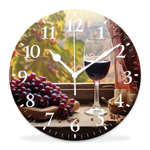 12 Inch Wall Clock Battery Operated Silent Clock Decorative for Office, Kitchen, Outdoor, Living RoomRed Wine with Grapes and Vine Leaves Beautiful Drawing