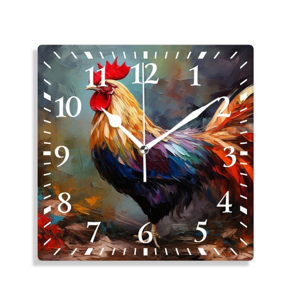 12 Inch Wall Clock Battery Operated Silent Clock Decorative for Office, Kitchen, Outdoor, Living RoomRooster in a Colored Background Beautiful Drawing