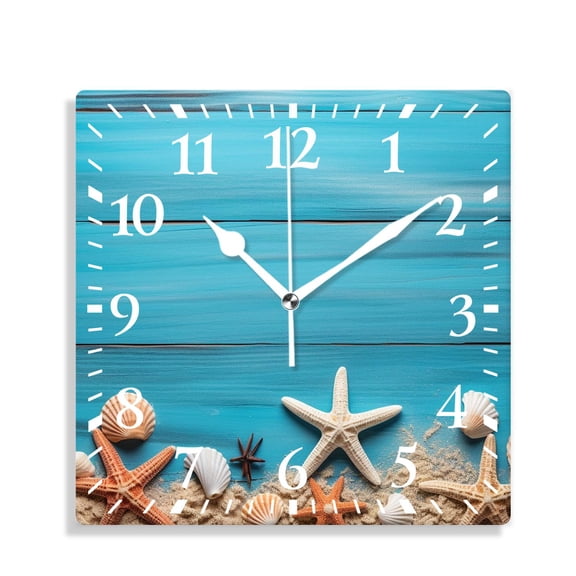 12 Inch Wall Clock Battery Operated Silent Clock Decorative for Office, Kitchen, Outdoor, Living RoomSea Shells and Starfish on a Blue Wooden Background Drawing