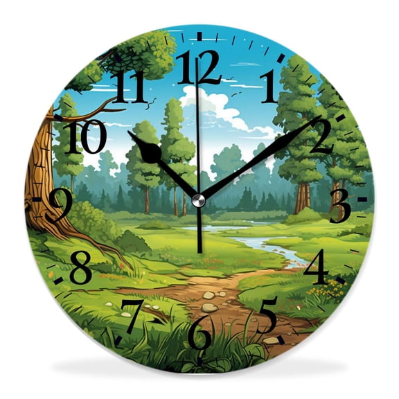 12 Inch Wall Clock Battery Operated Silent Clock Decorative for Office, Kitchen, Outdoor, Living Room，forest Clear Day in The Woods Theme Coon Drawing Style Picture
