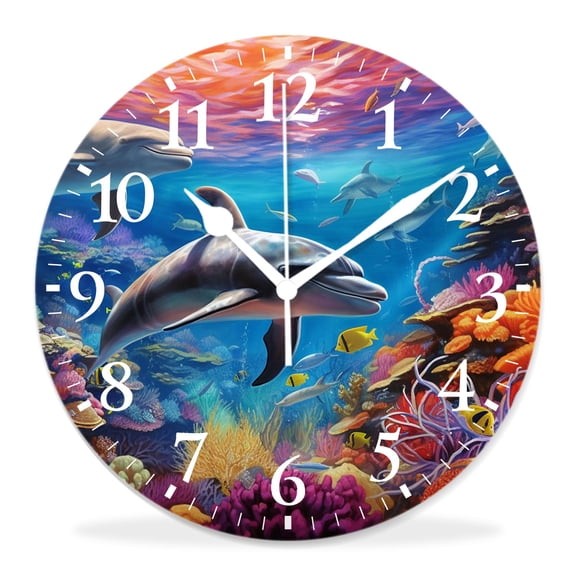 12 Inch Wall Clock Battery Operated Silent Clock Decorative for Office, Kitchen, Outdoor, Living Room3D Dolphin Ocean Sea Coral Reef Summer Creative