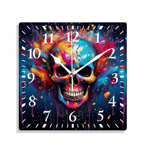 12 Inch Wall Clock Battery Operated Silent Clock Decorative for Office, Kitchen, Outdoor, Living Room3D Skull Skeleton Illustration