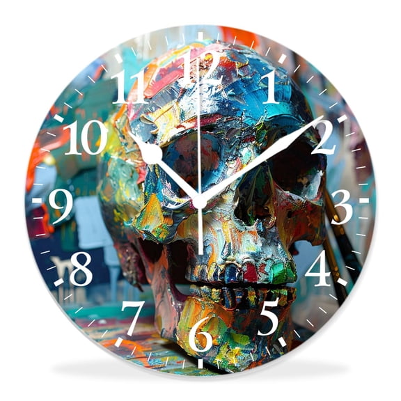12 Inch Wall Clock Battery Operated Silent Clock Decorative for Office, Kitchen, Outdoor, Living Room3D Skull Skeleton Natural