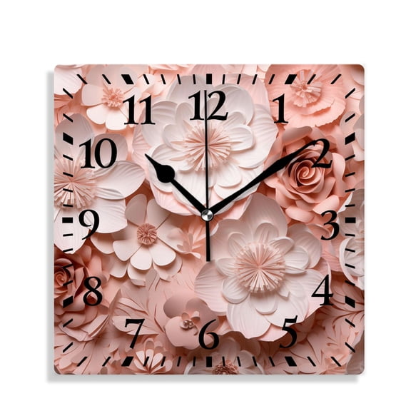 12 Inch Wall Clock Battery Operated Silent Clock Decorative for Office, Kitchen, Outdoor, Living Room3D White Paper Flower on Light Red Floral Style