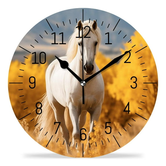 12 Inch Wall Clock Battery Operated Silent Clock Decorative for Office, Kitchen, Outdoor, Living Room,A Horse on Autumn Background Elegant Design