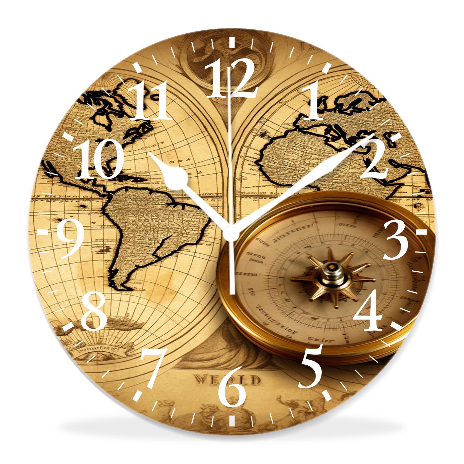 12 Inch Wall Clock Battery Operated Silent Clock Decorative for Office, Kitchen, Outdoor, Living Room，Accurate Map Cute