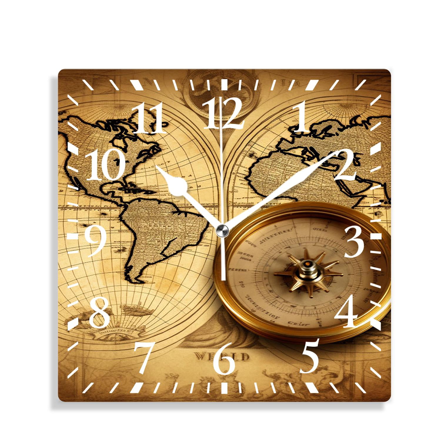 12 Inch Wall Clock Battery Operated Silent Clock Decorative for Office, Kitchen, Outdoor, Living Room，Accurate Map Cute