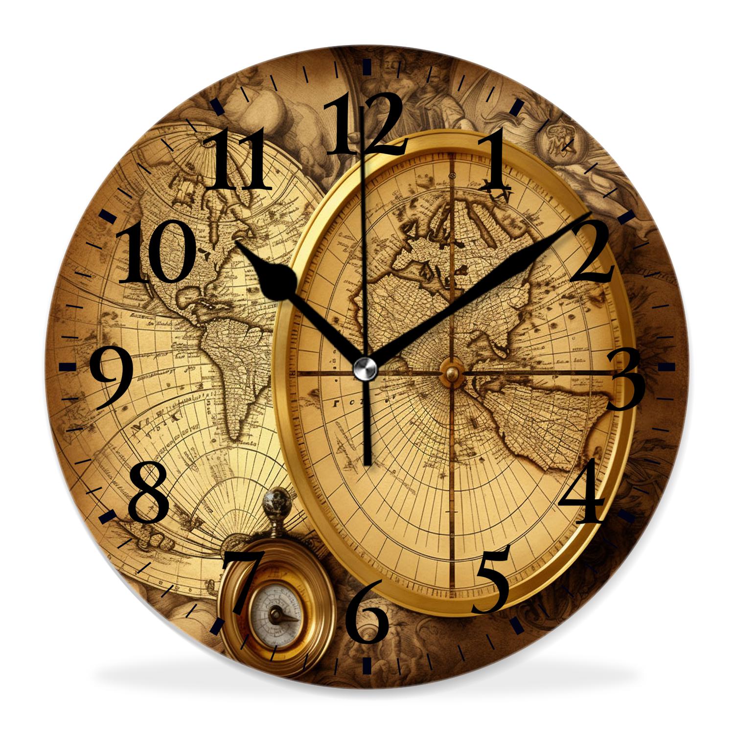 12 Inch Wall Clock Battery Operated Silent Clock Decorative for Office, Kitchen, Outdoor, Living Room，Accurate Map Exquisite Design