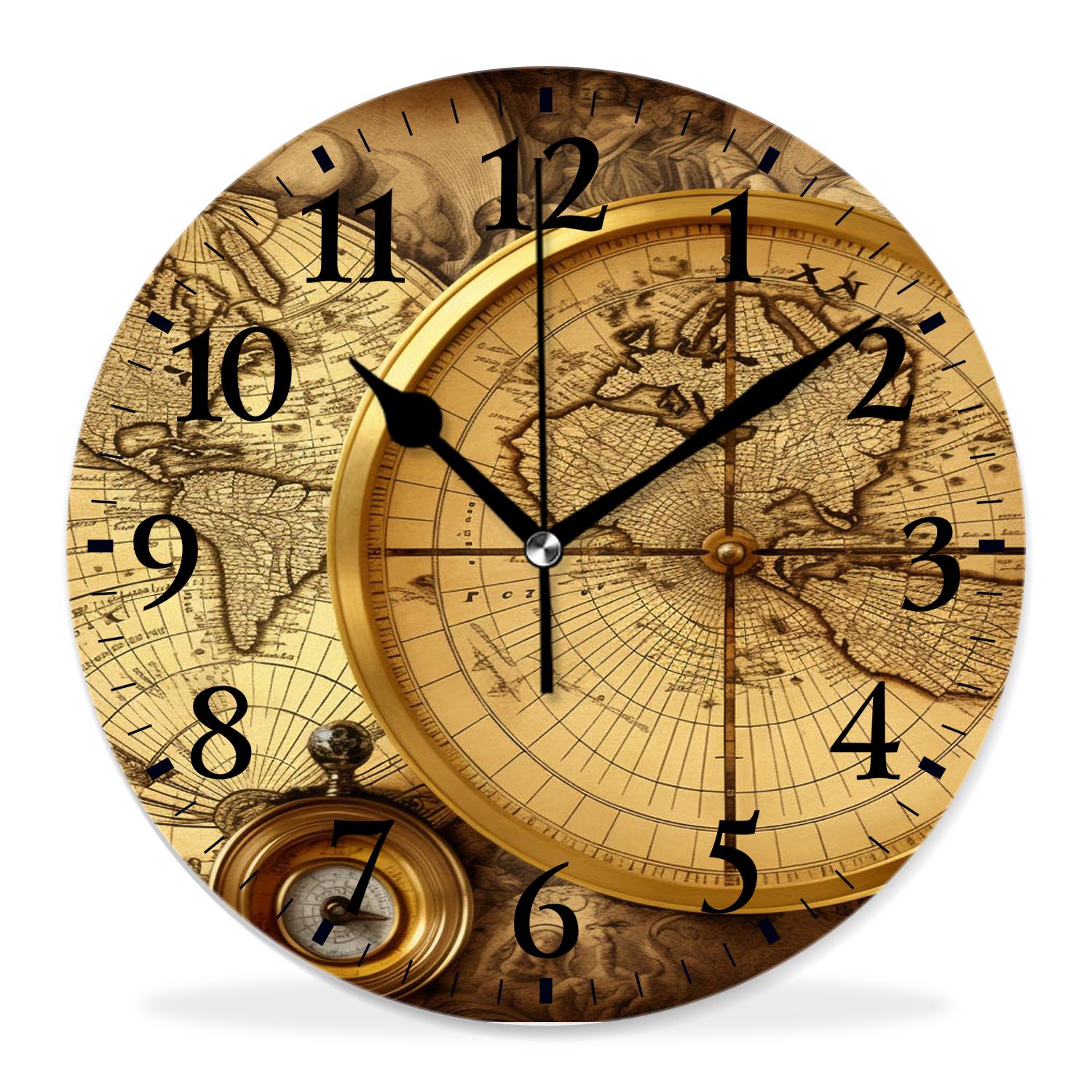 12 Inch Wall Clock Battery Operated Silent Clock Decorative for Office, Kitchen, Outdoor, Living Room，Accurate Map Exquisite Design