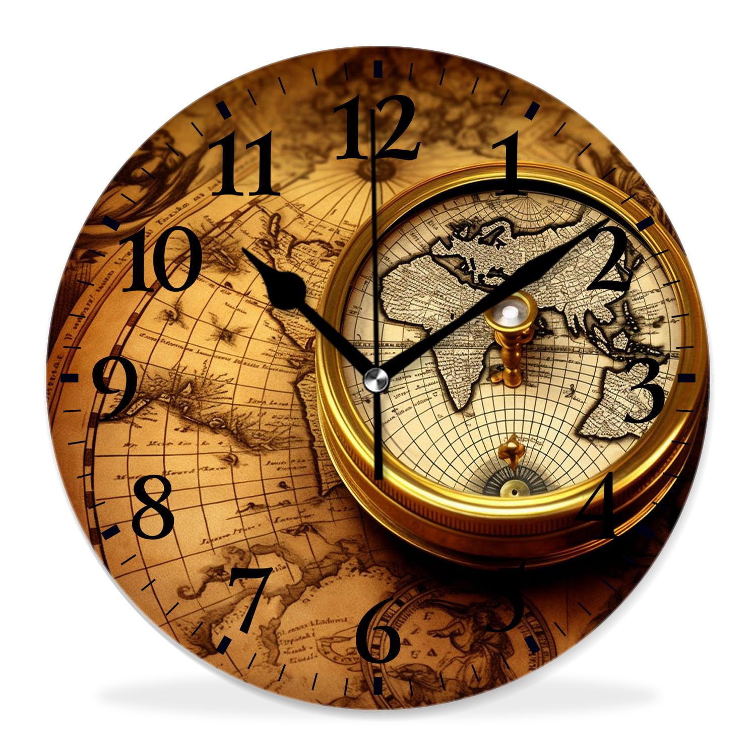 12 Inch Wall Clock Battery Operated Silent Clock Decorative for Office, Kitchen, Outdoor, Living Room，Accurate Map Graceful Art