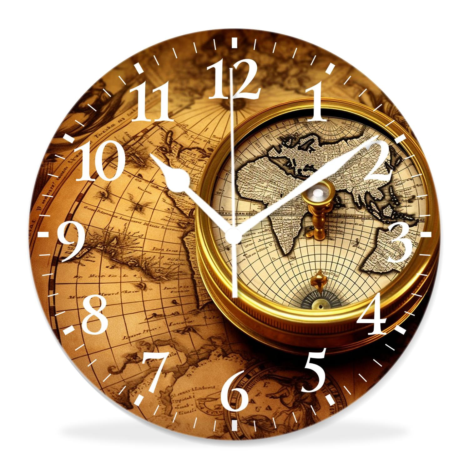 12 Inch Wall Clock Battery Operated Silent Clock Decorative for Office, Kitchen, Outdoor, Living Room，Accurate Map Graceful Art