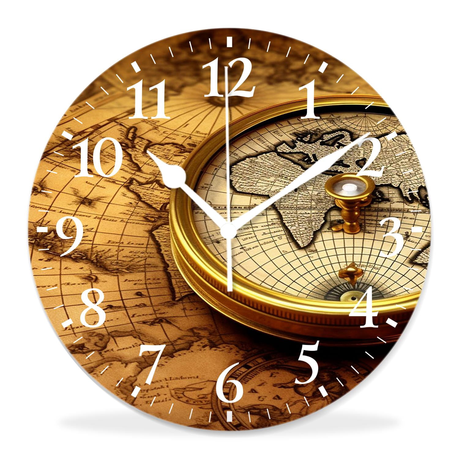12 Inch Wall Clock Battery Operated Silent Clock Decorative for Office, Kitchen, Outdoor, Living Room，Accurate Map Graceful Art