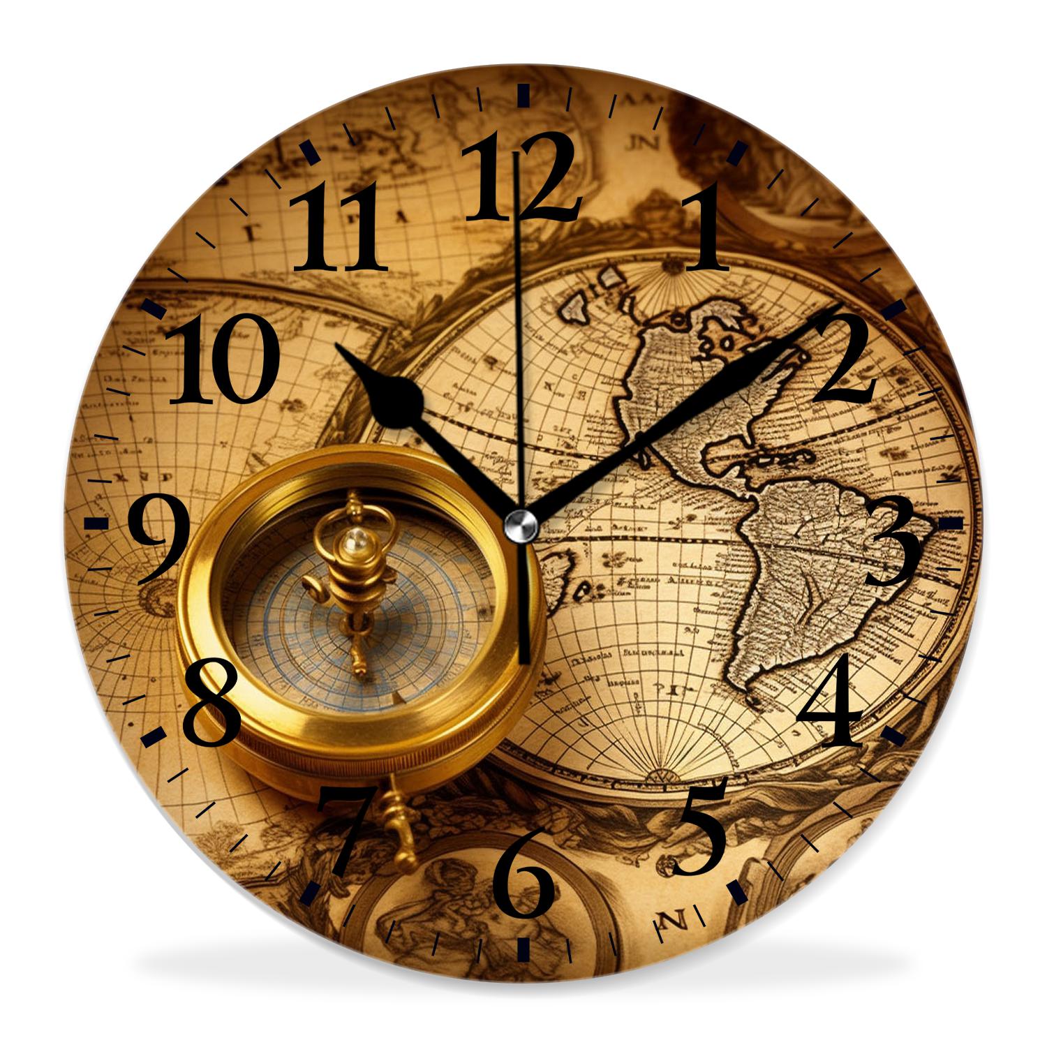12 Inch Wall Clock Battery Operated Silent Clock Decorative for Office, Kitchen, Outdoor, Living Room，Accurate Map Lovely Design