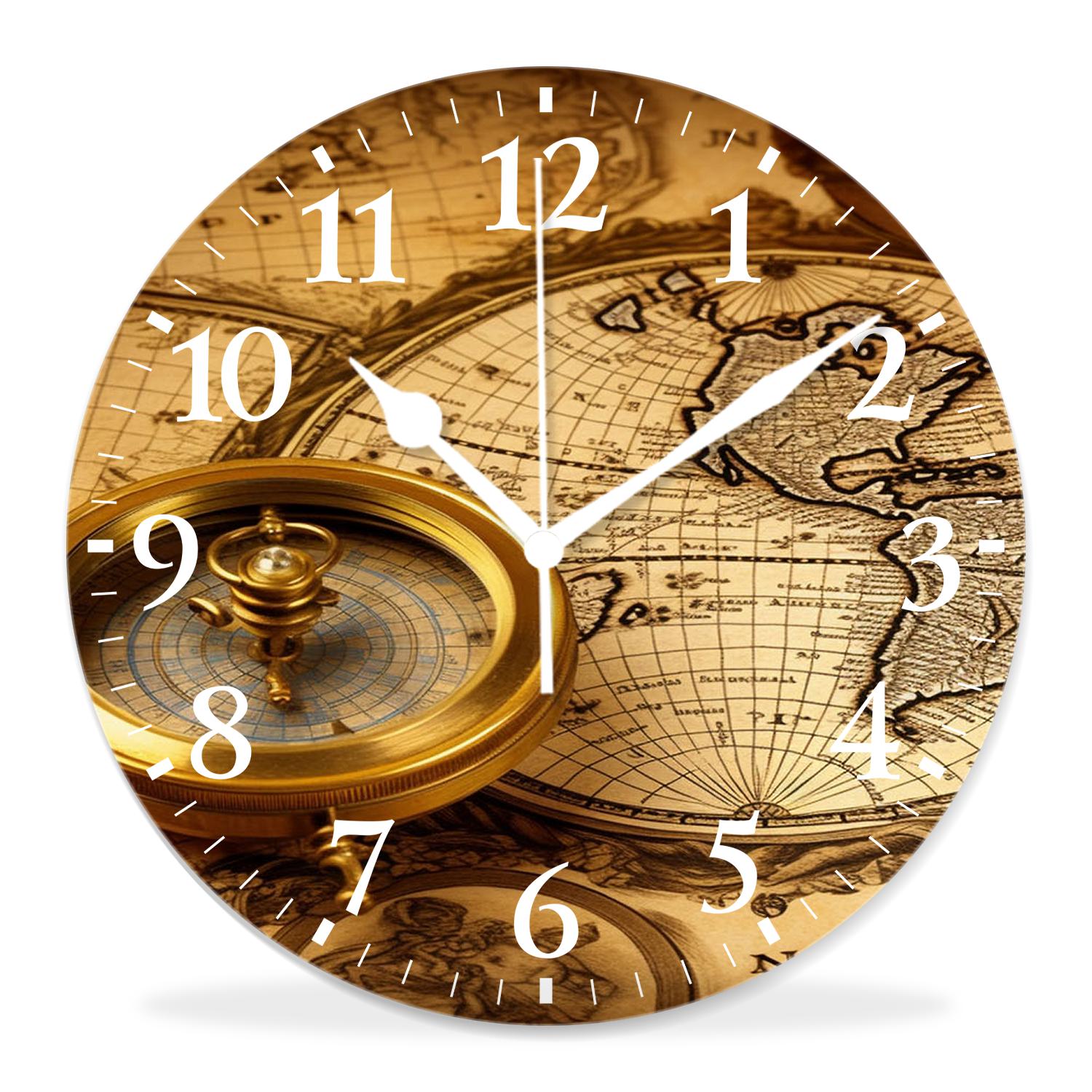 12 Inch Wall Clock Battery Operated Silent Clock Decorative for Office, Kitchen, Outdoor, Living Room，Accurate Map Lovely Design