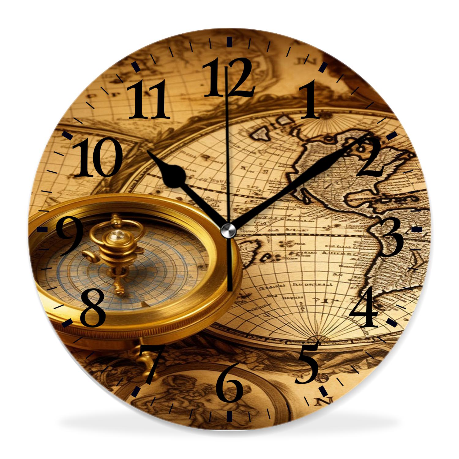 12 Inch Wall Clock Battery Operated Silent Clock Decorative for Office, Kitchen, Outdoor, Living Room，Accurate Map Lovely Design