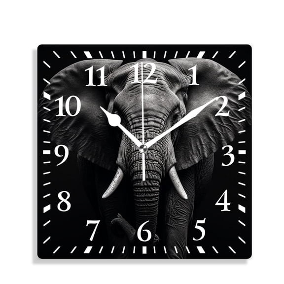 12 Inch Wall Clock Battery Operated Silent Clock Decorative for Office, Kitchen, Outdoor, Living RoomAfrican Elephant Black Art Creative