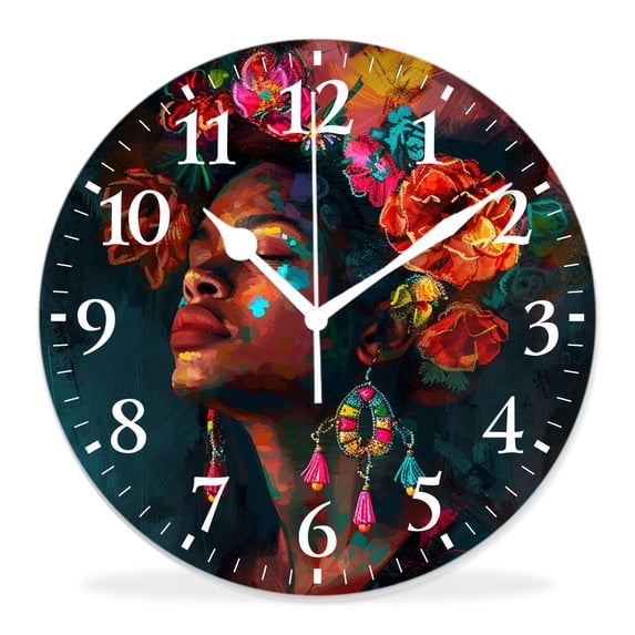 12 Inch Wall Clock Battery Operated Silent Clock Decorative for Office, Kitchen, Outdoor, Living Room,African Woman with Colorful Hair Delicate