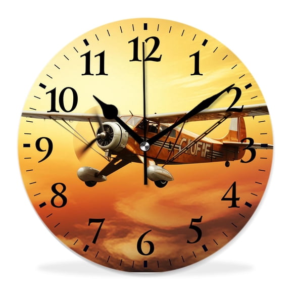 12 Inch Wall Clock Battery Operated Silent Clock Decorative for Office, Kitchen, Outdoor, Living RoomAirliner Cloud Plane Sunset Pattern