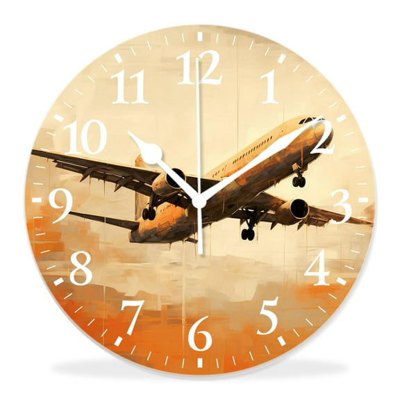 12 Inch Wall Clock Battery Operated Silent Clock Decorative for Office, Kitchen, Outdoor, Living RoomAirliner Cloud Plane Sunset Picture