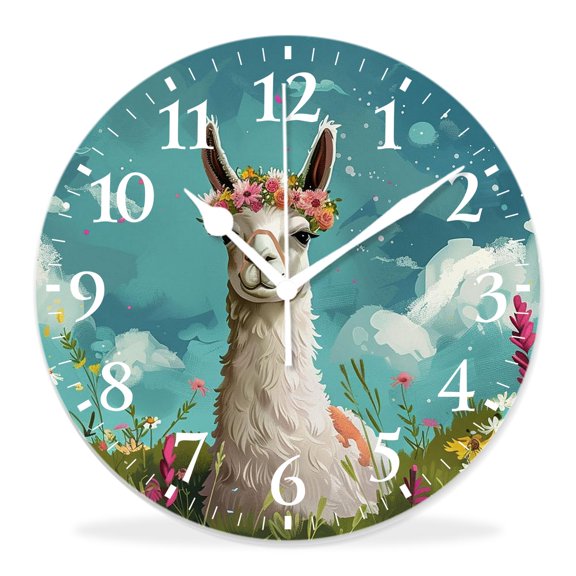 12 Inch Wall Clock Battery Operated Silent Clock Decorative for Office, Kitchen, Outdoor, Living RoomAlpaca Cactus Llama Flower Beautiful