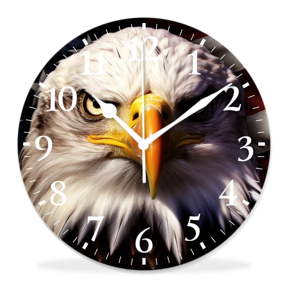 12 Inch Wall Clock Battery Operated Silent Clock Decorative for Office, Kitchen, Outdoor, Living Room，American Bald Eagle on Usa Flag Animal Design