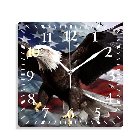 12 Inch Wall Clock Battery Operated Silent Clock Decorative for Office, Kitchen, Outdoor, Living Room，American Bald Eagle on Usa Flag Animal Pattern