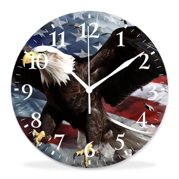 12 Inch Wall Clock Battery Operated Silent Clock Decorative for Office, Kitchen, Outdoor, Living Room，American Bald Eagle on Usa Flag Animal Pattern