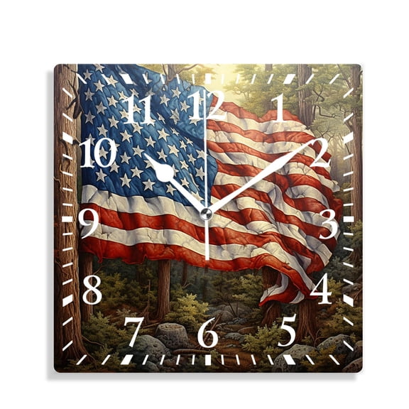 12 Inch Wall Clock Battery Operated Silent Clock Decorative for Office, Kitchen, Outdoor, Living RoomAmerican Flag Deer forest Painting