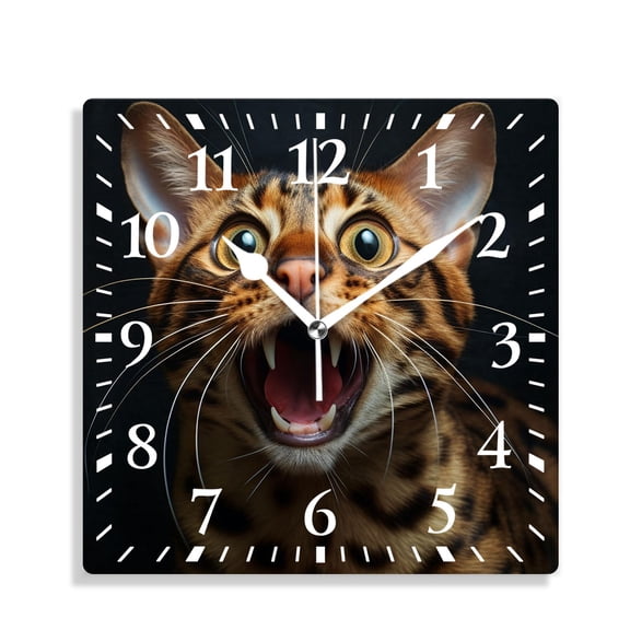 12 Inch Wall Clock Battery Operated Silent Clock Decorative for Office, Kitchen, Outdoor, Living RoomAngry Bengal Cat Art
