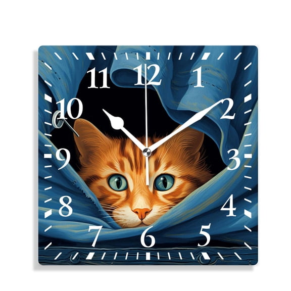 12 Inch Wall Clock Battery Operated Silent Clock Decorative for Office, Kitchen, Outdoor, Living Room，Animal Cute Cat in Stripe Pocket Exquisite