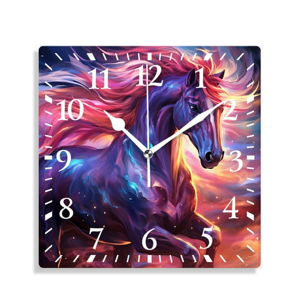 12 Inch Wall Clock Battery Operated Silent Clock Decorative for Office, Kitchen, Outdoor, Living Room,Animal Horse Fire Black Exquisite