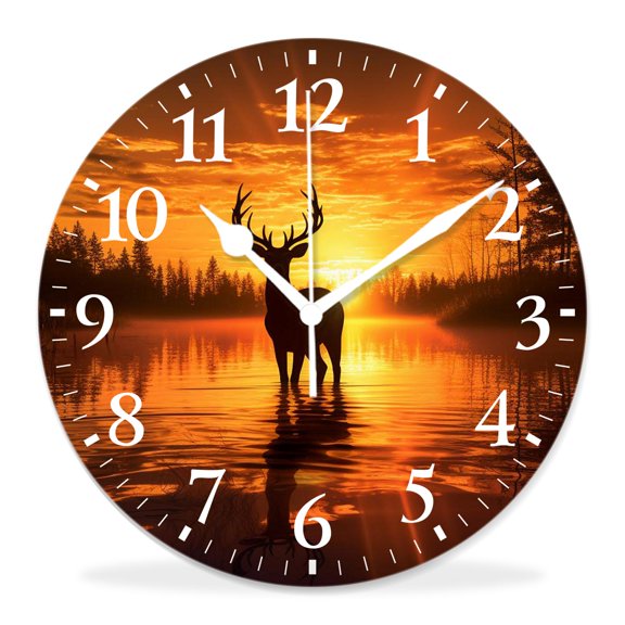 12 Inch Wall Clock Battery Operated Silent Clock Decorative for Office, Kitchen, Outdoor, Living RoomAntlers Hugging Sunset Silhouette Style
