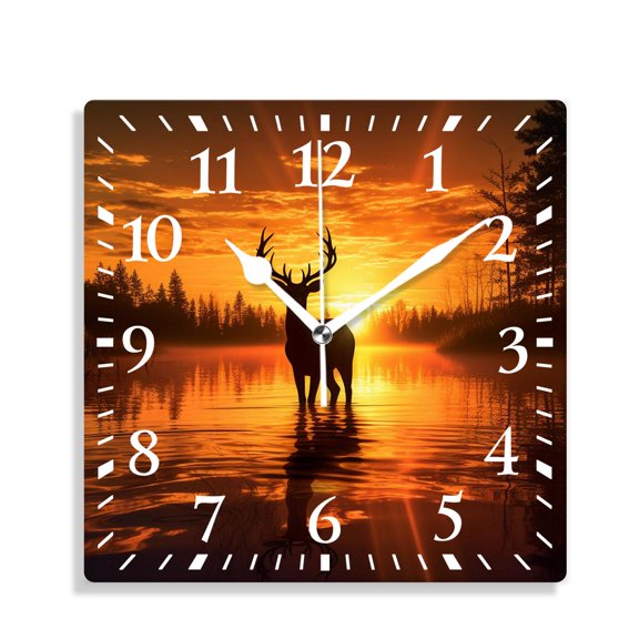 12 Inch Wall Clock Battery Operated Silent Clock Decorative for Office, Kitchen, Outdoor, Living RoomAntlers Hugging Sunset Silhouette Style