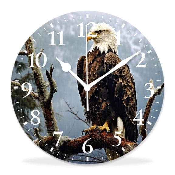 12 Inch Wall Clock Battery Operated Silent Clock Decorative for Office, Kitchen, Outdoor, Living Room，Bald Eagle Tree forest Drawing