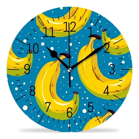 12 Inch Wall Clock Battery Operated Silent Clock Decorative for Office, Kitchen, Outdoor, Living RoomBanana Floral Polka Dots Tropical Cute Design