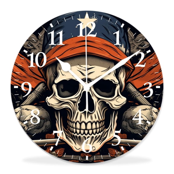 12 Inch Wall Clock Battery Operated Silent Clock Decorative for Office, Kitchen, Outdoor, Living Room，Baseball Skull on Grey Design