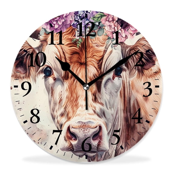 12 Inch Wall Clock Battery Operated Silent Clock Decorative for Office, Kitchen, Outdoor, Living Room,Beautiful Cow with Floral Wreath Gorgeous