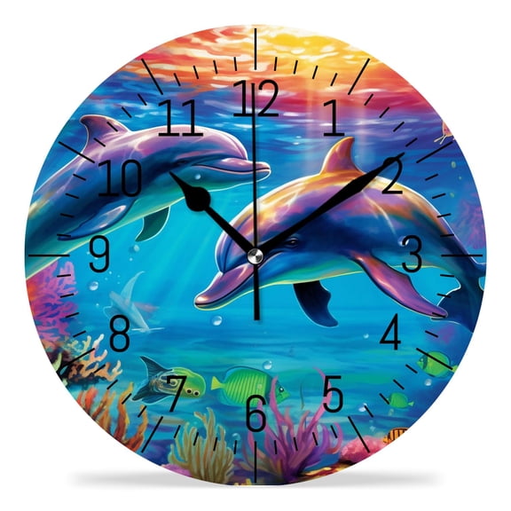 12 Inch Wall Clock Battery Operated Silent Clock Decorative for Office, Kitchen, Outdoor, Living RoomBeautiful Dolphin Ocean Sea Coral Reef Image