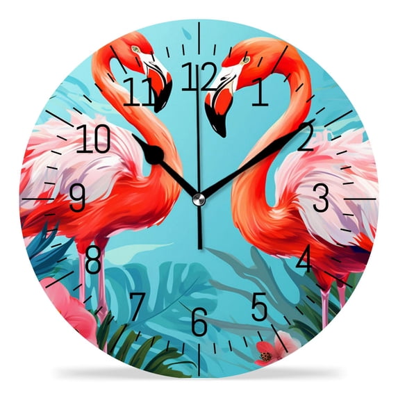 12 Inch Wall Clock Battery Operated Silent Clock Decorative for Office, Kitchen, Outdoor, Living Room,Beautiful Flowers And Flamingos Creative