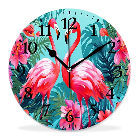 12 Inch Wall Clock Battery Operated Silent Clock Decorative for Office, Kitchen, Outdoor, Living Room,Beautiful Flowers and Flamingos Design