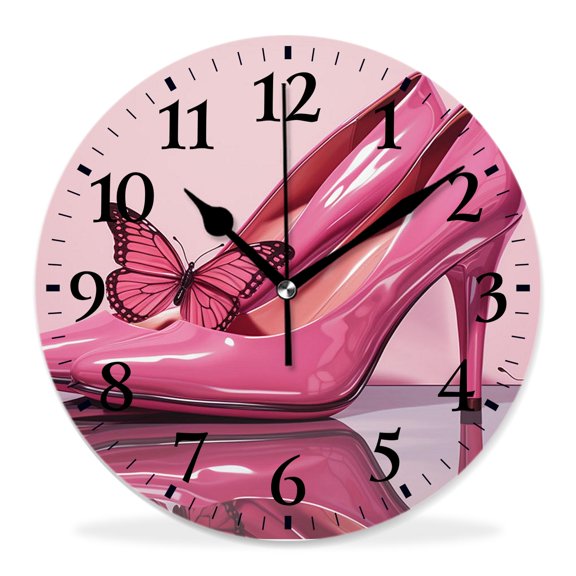 12 Inch Wall Clock Battery Operated Silent Clock Decorative for Office, Kitchen, Outdoor, Living RoomBeautiful High Heel Shoes Butterfly Cute