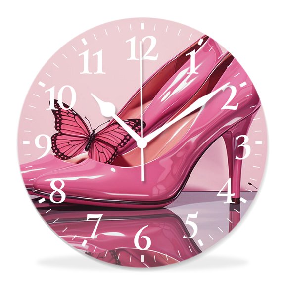 12 Inch Wall Clock Battery Operated Silent Clock Decorative for Office, Kitchen, Outdoor, Living RoomBeautiful High Heel Shoes Butterfly Cute